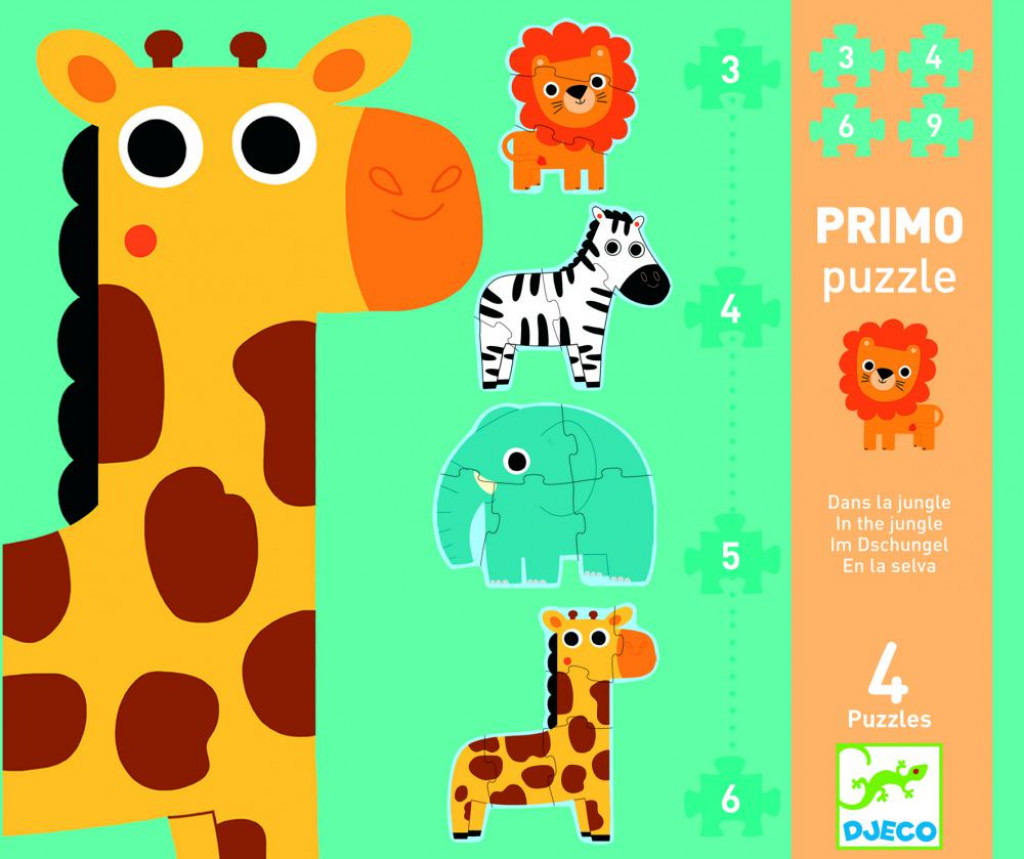 DJECO Primo puzzle: 4 Zvieratká v džungli (18 veľkých dielikov)