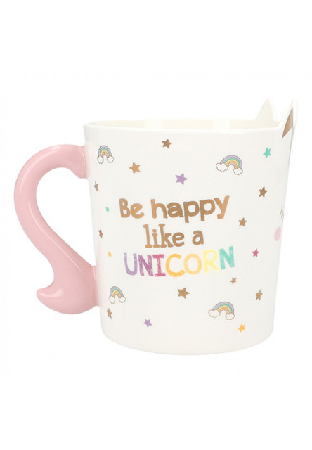 Hrneček ve tvaru jednorožce Ylvi, S potiskem a nápisem : Be happy like a unicorn.