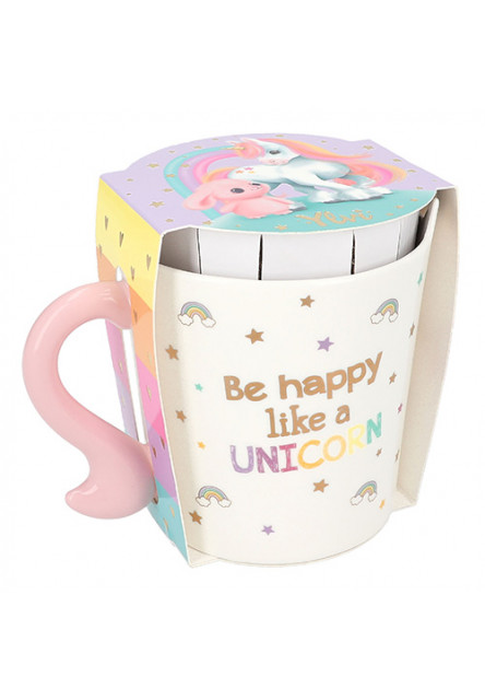 Hrneček ve tvaru jednorožce Ylvi, S potiskem a nápisem : Be happy like a unicorn.